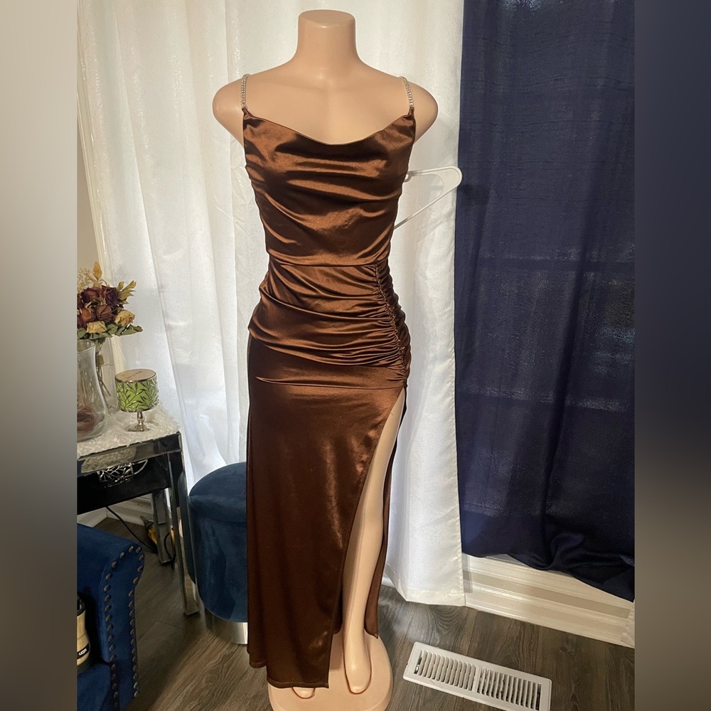Windsor Brown Satin Cowl Neck Prom Dress with Side Slit
